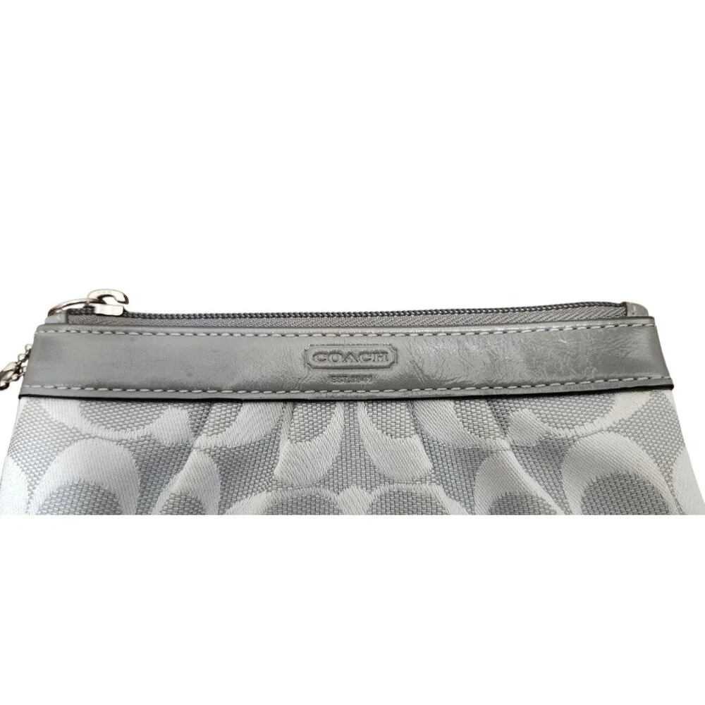 Coach Signature Wristlet Pouch Gray Canvas Leather Trim Small Clutch Wallet